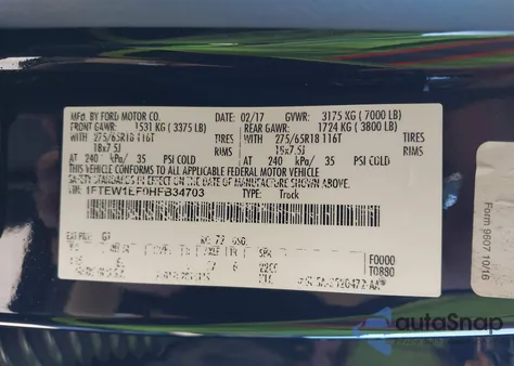 2017 Ford F-150 Lariat z USA, uszkodzony, nr VIN 1FTEW1EF0HFB34703